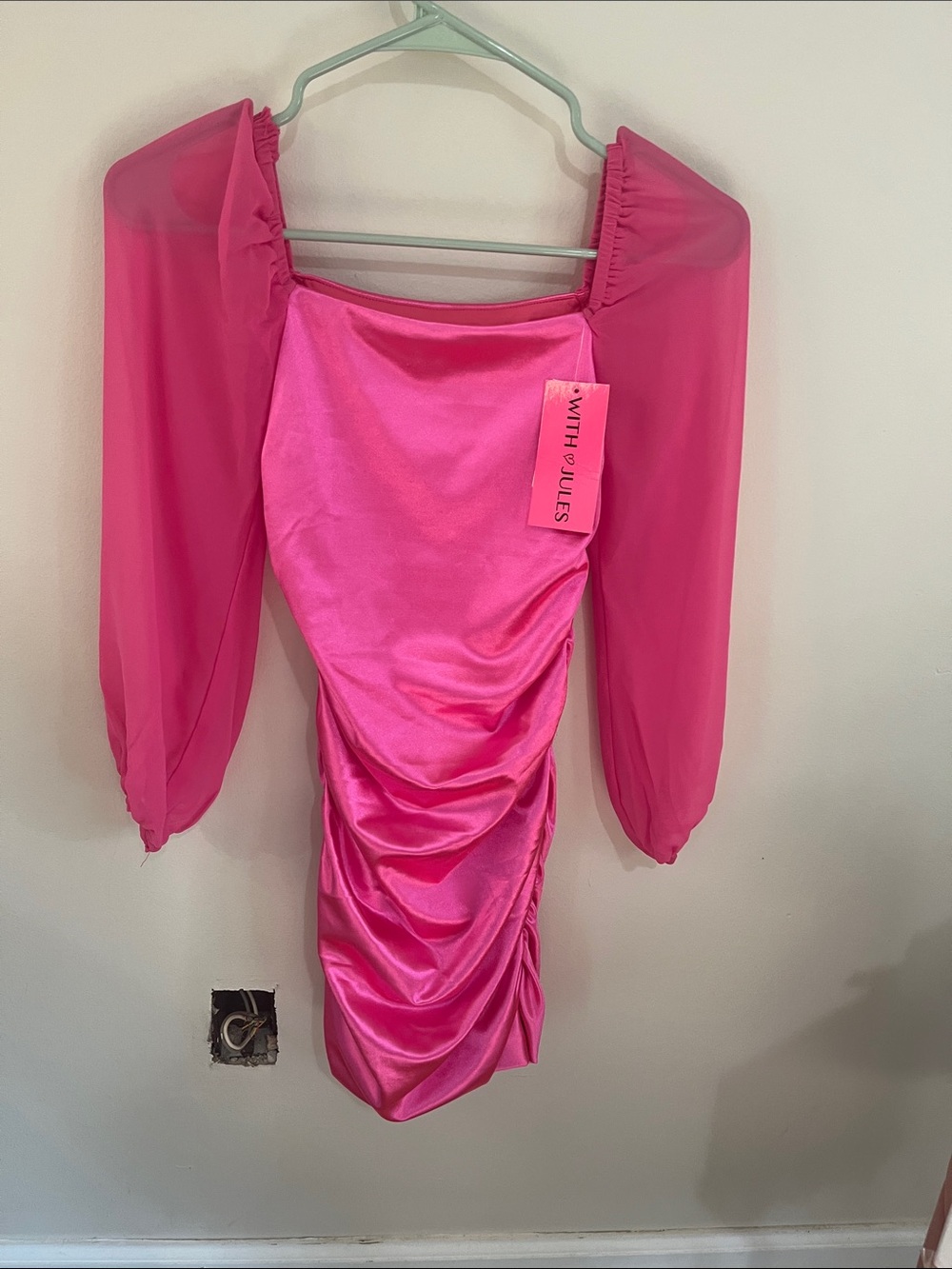 Hot Pink Ruched Satin Long Sleeve Mini Dress